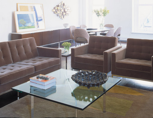 Florence Knoll Sofa Collection and Barcelona Coffee Table with Glass Top