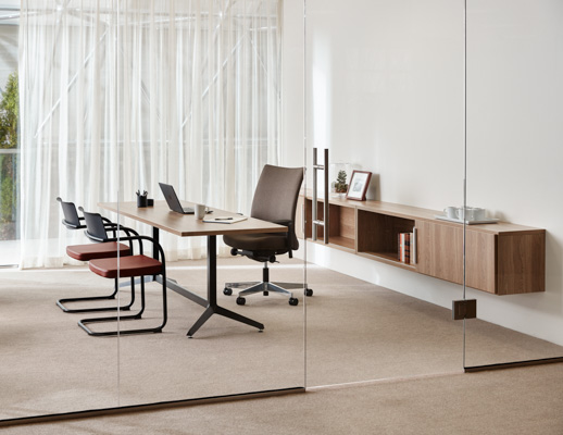 Knoll Essentials Anchor storage wall mounted Dividends Skyline Y-base table Remix High Back Remix chair Moment chair Krefeld lounge Krusin lounge chair Saarinen Knoll Extra Marc Krusin Multi Use private office refined focus